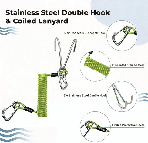 Scuba Diving Reef Hook - 316 Stainless Steel Double Reef Cord Hook with Anti-seawater Corrosion & Retractable Lanyard for Dive Safety in Saudi Arabia