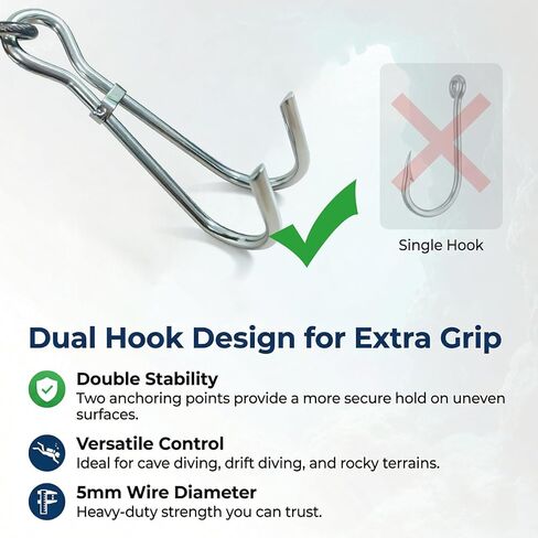 Scuba Diving Reef Hook - 316 Stainless Steel Double Reef Cord Hook with Anti-seawater Corrosion & Retractable Lanyard for Dive Safety in Saudi Arabia