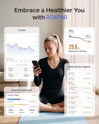 مقياس RENPHO الذكي لوزن الجسم، مؤهل FSA&HSA، مقياس الحمام الرقمي BMI لوزن مقياس الدهون في الجسم بتقنية البلوتوث، محلل صحة مراقبة تكوين الجسم مع تطبيق الهاتف الذكي، 400 رطل - Elis 1 in Kuwait