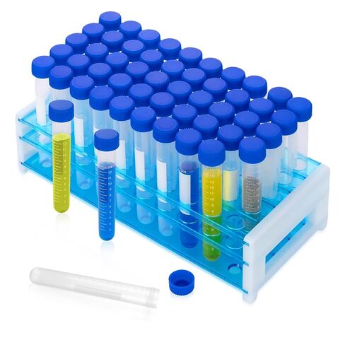 15mL Round Bottom Centrifuge Tubes with Rack, 50pcs Plastic Leak Proof Clear Test Sample Bottles with Screw Caps, Graduated Marks and Writing Area for Lab Hospital School Use in Saudi Arabia
