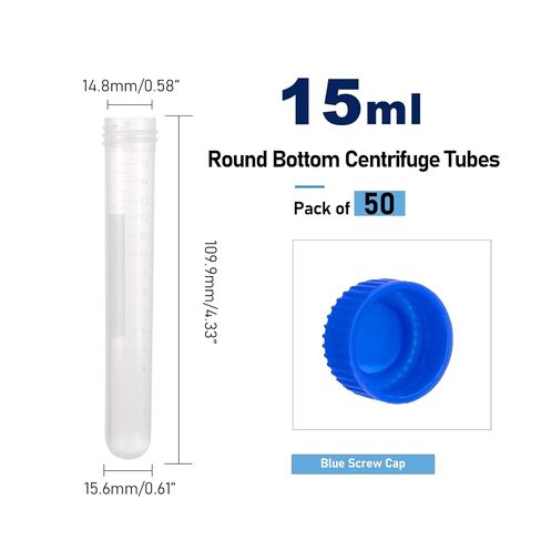 15mL Round Bottom Centrifuge Tubes with Rack, 50pcs Plastic Leak Proof Clear Test Sample Bottles with Screw Caps, Graduated Marks and Writing Area for Lab Hospital School Use in Saudi Arabia