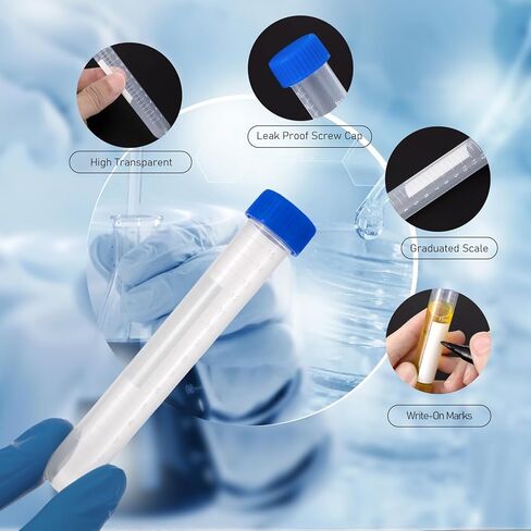 15mL Round Bottom Centrifuge Tubes with Rack, 50pcs Plastic Leak Proof Clear Test Sample Bottles with Screw Caps, Graduated Marks and Writing Area for Lab Hospital School Use in Saudi Arabia