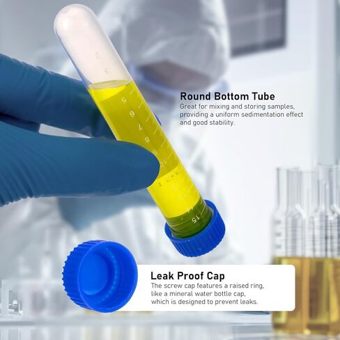 15mL Round Bottom Centrifuge Tubes with Rack, 50pcs Plastic Leak Proof Clear Test Sample Bottles with Screw Caps, Graduated Marks and Writing Area for Lab Hospital School Use in Saudi Arabia