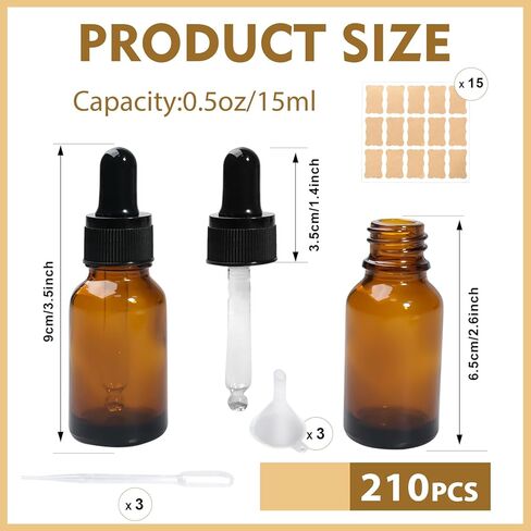 210 Pack 15ml Dark Dropper Bottles with Eye 1/2 oz Glass Brown Tincture Bottles for Essential Oils, Liquids, Perfumes, Lab Chemicals, and Travel Supplies(Amber) in Saudi Arabia