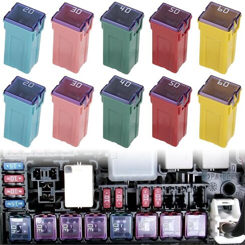 BFXM 10 قطع مجموعة متنوعة من صمامات السيارة منخفضة المستوى، صمامات سيارات متعددة الاستخدامات، مجموعة صمامات خرطوشة السيارة على شكل صندوق، 20A/30A/40A/50A/60A (قطعتان لكل منهما) بديلة للسيارة وسيارات الدفع الرباعي والشاحنات والبيك أب in Kuwait