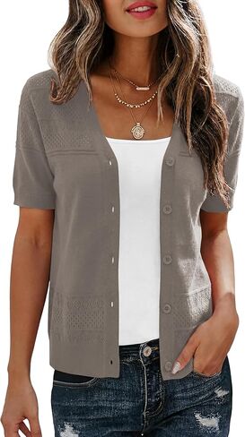 Short Sleeve Cardigans for Women Lightweight Summer Crochet Button Down Cardigan V Neck Hollowed-Out Knit Sweater in Saudi Arabia