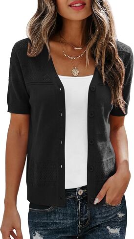 Short Sleeve Cardigans for Women Lightweight Summer Crochet Button Down Cardigan V Neck Hollowed-Out Knit Sweater in Saudi Arabia
