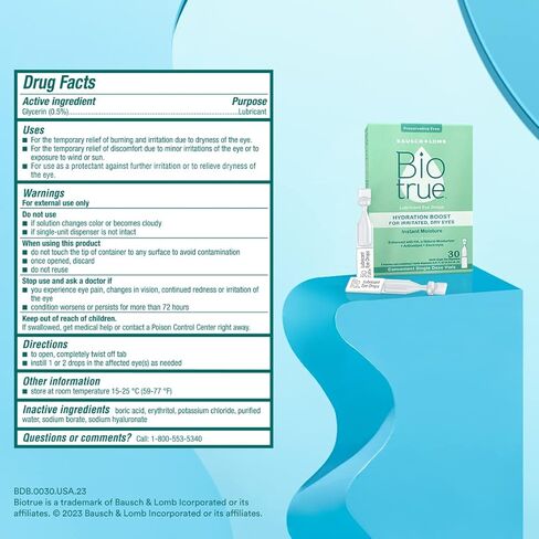 قطرات Biotrue Hydration Boost للعيون المتهيجة والجافة في قوارير جرعة واحدة من Bausch + Lomb، رطوبة فورية، خالية من المواد الحافظة، درجة حموضة متوازنة، مستوحاة بشكل طبيعي، 30 قطعة (عبوة من قطعتين) in Kuwait