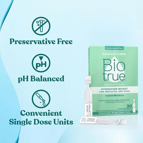 قطرات Biotrue Hydration Boost للعيون المتهيجة والجافة في قوارير جرعة واحدة من Bausch + Lomb، رطوبة فورية، خالية من المواد الحافظة، درجة حموضة متوازنة، مستوحاة بشكل طبيعي، 30 قطعة (عبوة من قطعتين) in Kuwait