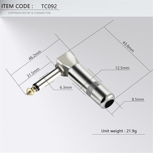10PCS 6.35MM Jack Right Angle Wire Connector 4 Corners 2 Poles 6.35MM Mono Male Plug Microphone Connector(TC092 with Tail) in Saudi Arabia
