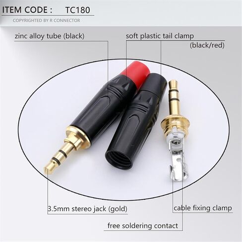 2PCS 3 Poles Stereo 3.5MM Jack Male Plug Connector Soldering Wire Connector 3 Pin 3.5MM Plug Headset Earphone DIY(1xBlack 1xRed) in Saudi Arabia