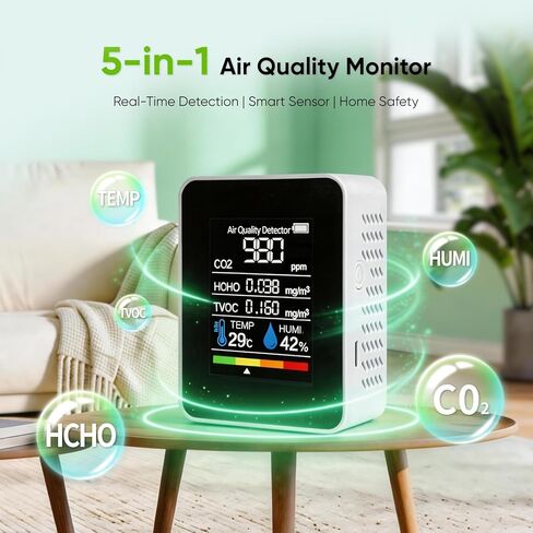 جهاز مراقبة جودة الهواء 6 في 1 داخلي - HCHO الفورمالديهايد، TVOC، PM2.5، PM10، كاشف ثاني أكسيد الكربون وثاني أكسيد الكربون، جهاز اختبار جودة الهواء المحمول مع شاشة LCD في الوقت الحقيقي للمنزل والمكتب وغرفة الأطفال in Kuwait