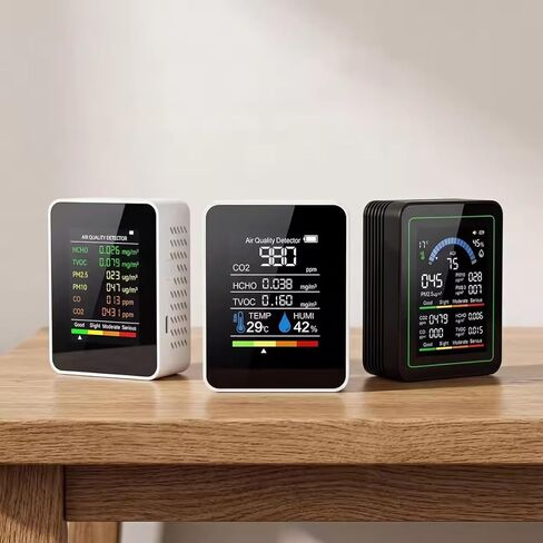 جهاز مراقبة جودة الهواء 6 في 1 داخلي - HCHO الفورمالديهايد، TVOC، PM2.5، PM10، كاشف ثاني أكسيد الكربون وثاني أكسيد الكربون، جهاز اختبار جودة الهواء المحمول مع شاشة LCD في الوقت الحقيقي للمنزل والمكتب وغرفة الأطفال in Kuwait