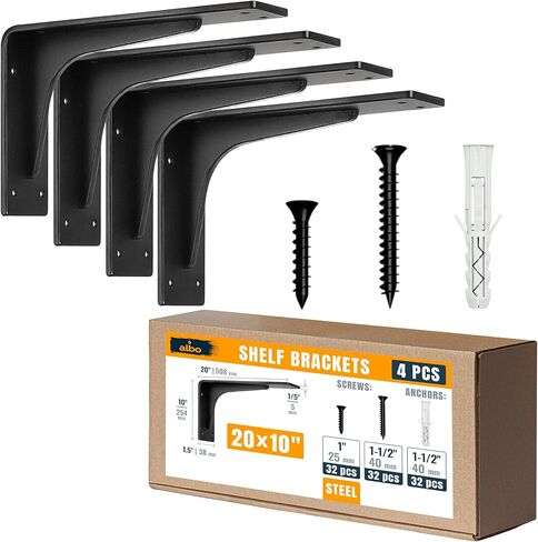 ALBO 20 "دعامات دعم كونترتوب للخدمة الشاقة 2 قطعة، 600 رطل 3/8" فولاذ - كوربيل مخفي للركبة | أقواس L مطلية بمسحوق أسود غير لامع بما في ذلك البراغي والمثبتات لصفائح الخرسانة المصنوعة من خشب الجرانيت والكوارتز in Kuwait