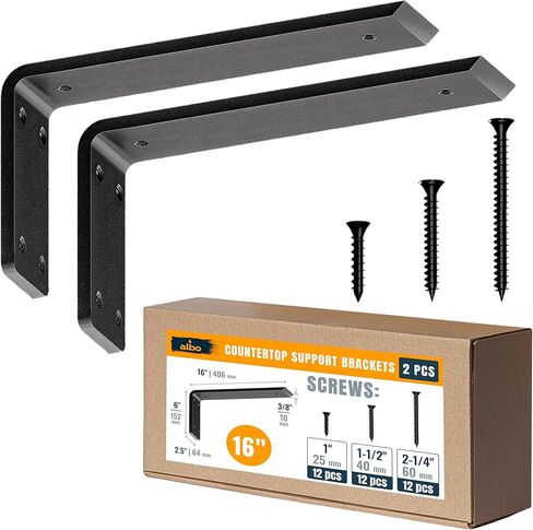 ALBO 20 "دعامات دعم كونترتوب للخدمة الشاقة 2 قطعة، 600 رطل 3/8" فولاذ - كوربيل مخفي للركبة | أقواس L مطلية بمسحوق أسود غير لامع بما في ذلك البراغي والمثبتات لصفائح الخرسانة المصنوعة من خشب الجرانيت والكوارتز in Kuwait