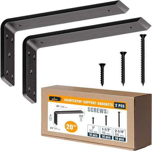 ALBO 20 "دعامات دعم كونترتوب للخدمة الشاقة 2 قطعة، 600 رطل 3/8" فولاذ - كوربيل مخفي للركبة | أقواس L مطلية بمسحوق أسود غير لامع بما في ذلك البراغي والمثبتات لصفائح الخرسانة المصنوعة من خشب الجرانيت والكوارتز in Kuwait