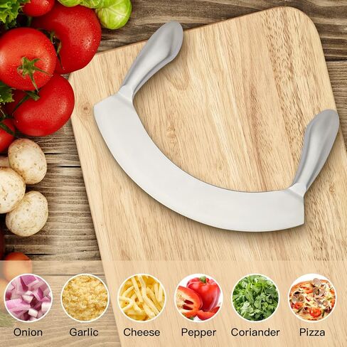 8.7 Inch Stainless Steel Mezzaluna Knife - Salad Chopper Rocker Pizza Cutter Rocker Knife Curved Blade Sharp Blade Double Handle Fruit Vegetable Mincing Knife in Saudi Arabia