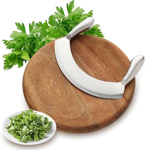 8.7 Inch Stainless Steel Mezzaluna Knife - Salad Chopper Rocker Pizza Cutter Rocker Knife Curved Blade Sharp Blade Double Handle Fruit Vegetable Mincing Knife in Saudi Arabia