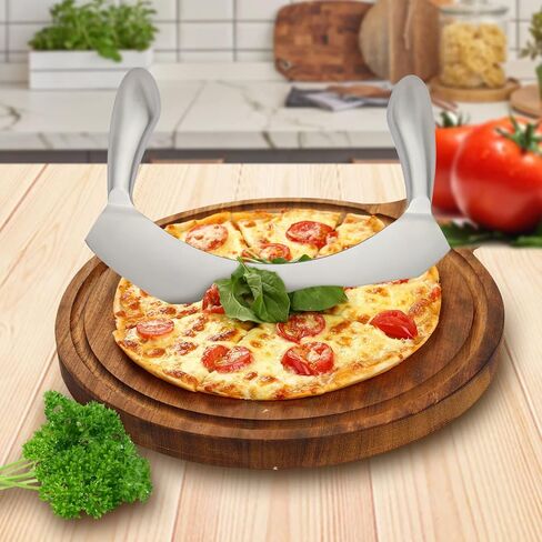 8.7 Inch Stainless Steel Mezzaluna Knife - Salad Chopper Rocker Pizza Cutter Rocker Knife Curved Blade Sharp Blade Double Handle Fruit Vegetable Mincing Knife in Saudi Arabia