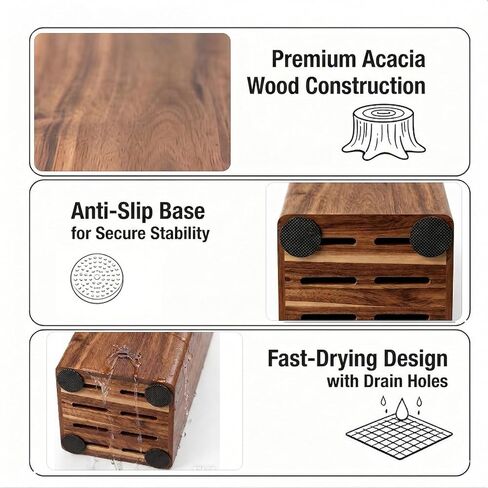 Acacia Wood Universal Knife Block, Countertop Knife Holder Organizer with Scissors & Sharpening Rod Slots, Space Saving Storage without Knives in Saudi Arabia
