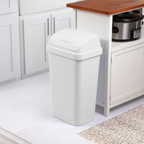 13 Gallon Kitchen Trash Can, White Plastic Garbage Bin with Swing Top Lid - Space-Saving Square Design for Kitchen, Garage, Office, Fits Standard Liners in Saudi Arabia