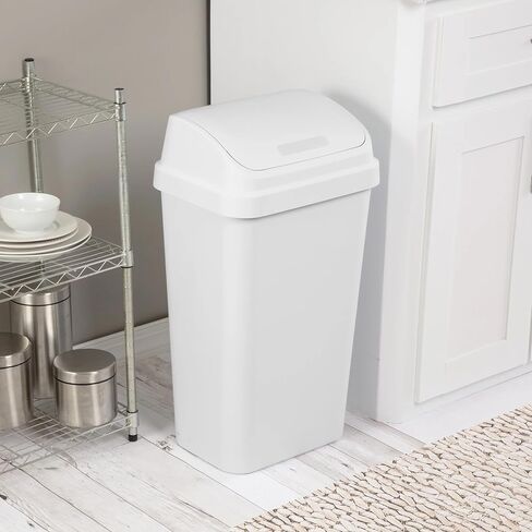 13 Gallon Kitchen Trash Can, White Plastic Garbage Bin with Swing Top Lid - Space-Saving Square Design for Kitchen, Garage, Office, Fits Standard Liners in Saudi Arabia