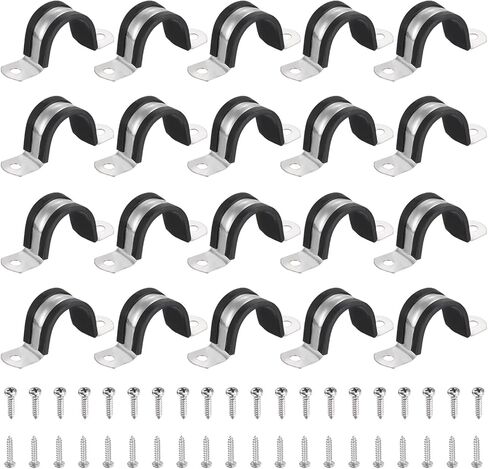 uxcell 20Pcs 27mm(1-1/16") Cable Clamp, 2 Hole 304 Stainless Steel Rubber Coated Cushion Insulated Cable Clamps U Holder Pipe Strap with Self-Tapping Screws for Tube Wire, Black in Saudi Arabia