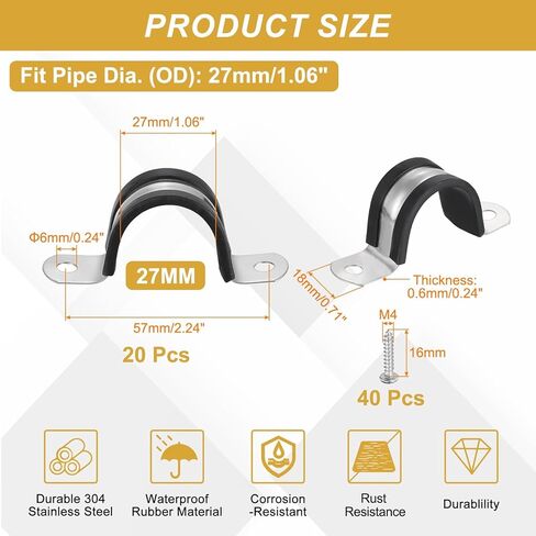 uxcell 20Pcs 27mm(1-1/16") Cable Clamp, 2 Hole 304 Stainless Steel Rubber Coated Cushion Insulated Cable Clamps U Holder Pipe Strap with Self-Tapping Screws for Tube Wire, Black in Saudi Arabia
