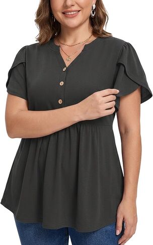 PLOKNRD Women's Plus Size Short Ruffle Sleeve Henley Shirts V Neck Button Tunic Tops Casual Swing Flowy Dressy Blouses in Saudi Arabia