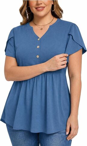 PLOKNRD Women's Plus Size Short Ruffle Sleeve Henley Shirts V Neck Button Tunic Tops Casual Swing Flowy Dressy Blouses in Saudi Arabia