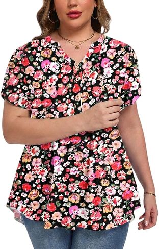 PLOKNRD Women's Plus Size Short Ruffle Sleeve Henley Shirts V Neck Button Tunic Tops Casual Swing Flowy Dressy Blouses in Saudi Arabia