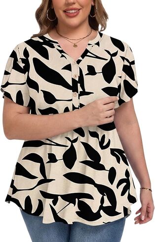 PLOKNRD Women's Plus Size Short Ruffle Sleeve Henley Shirts V Neck Button Tunic Tops Casual Swing Flowy Dressy Blouses in Saudi Arabia