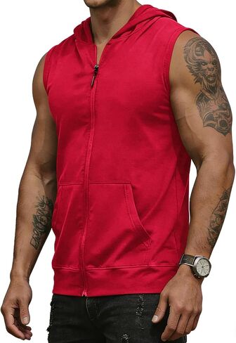 Men's Workout Hooded Tank Tops Fashion Muscle Zip Up Sleeveless Hooded Slim Fit Gym Cut Off T Shirt in Saudi Arabia