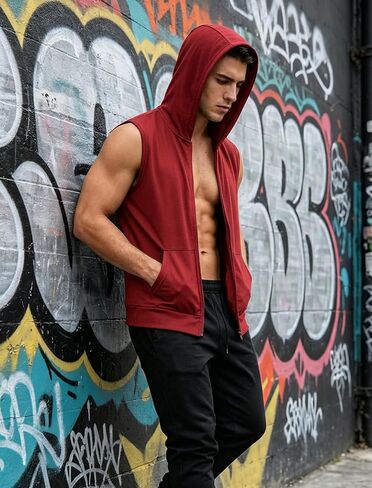 Men's Workout Hooded Tank Tops Fashion Muscle Zip Up Sleeveless Hooded Slim Fit Gym Cut Off T Shirt in Saudi Arabia