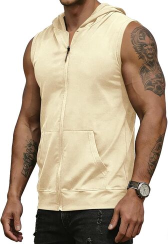 Men's Workout Hooded Tank Tops Fashion Muscle Zip Up Sleeveless Hooded Slim Fit Gym Cut Off T Shirt in Saudi Arabia