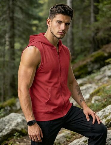 Men's Workout Hooded Tank Tops Fashion Muscle Zip Up Sleeveless Hooded Slim Fit Gym Cut Off T Shirt in Saudi Arabia