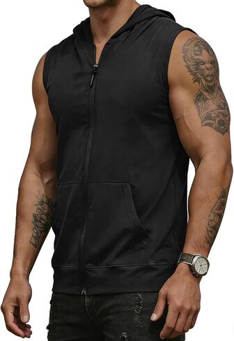 Men's Workout Hooded Tank Tops Fashion Muscle Zip Up Sleeveless Hooded Slim Fit Gym Cut Off T Shirt in Saudi Arabia