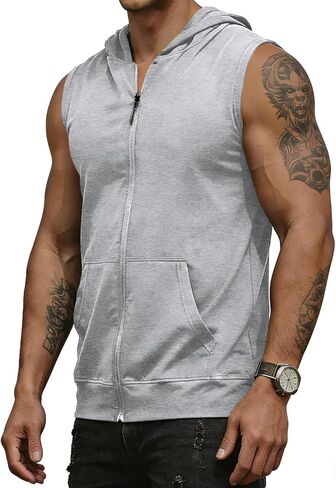 Men's Workout Hooded Tank Tops Fashion Muscle Zip Up Sleeveless Hooded Slim Fit Gym Cut Off T Shirt in Saudi Arabia