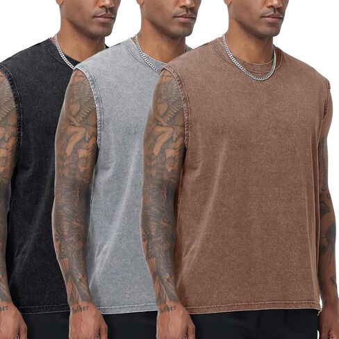 Flygo Mens Sleeveless Workout Tank Tops Cotton Cut Off Muscle T Shirts Acid Wash Loose Running Gym Tees in Saudi Arabia