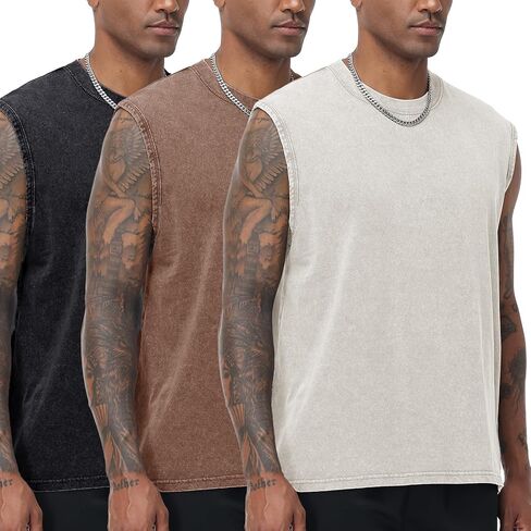 Flygo Mens Sleeveless Workout Tank Tops Cotton Cut Off Muscle T Shirts Acid Wash Loose Running Gym Tees in Saudi Arabia