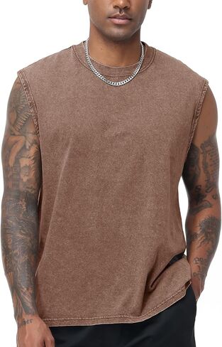 Flygo Mens Sleeveless Workout Tank Tops Cotton Cut Off Muscle T Shirts Acid Wash Loose Running Gym Tees in Saudi Arabia