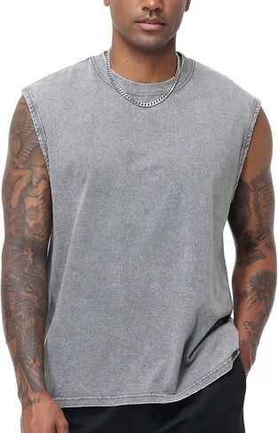 Flygo Mens Sleeveless Workout Tank Tops Cotton Cut Off Muscle T Shirts Acid Wash Loose Running Gym Tees in Saudi Arabia