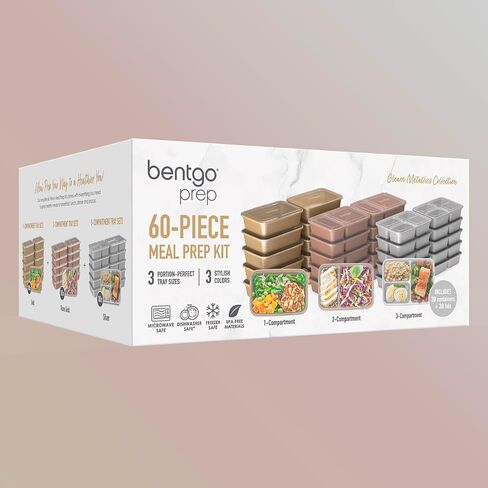 Bentgo Prep 60-Piece Meal Prep Kit - Reusable PFAS & BPA-Free Food Containers, 1-Compartment, 2-Compartment, & 3-Compartments - Microwave, Freezer, & Dishwasher Safe (Gleam Metallics) in Saudi Arabia