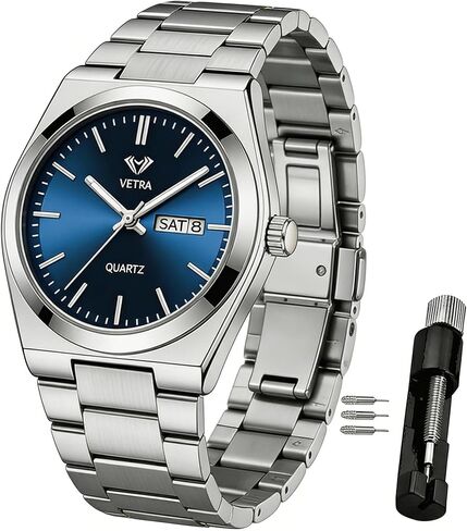 Vetra Men Watch Luxury Business Watches Multifunction Waterproof Luminous Blue Face Silver Stainless Steel Wrist Watches in Saudi Arabia