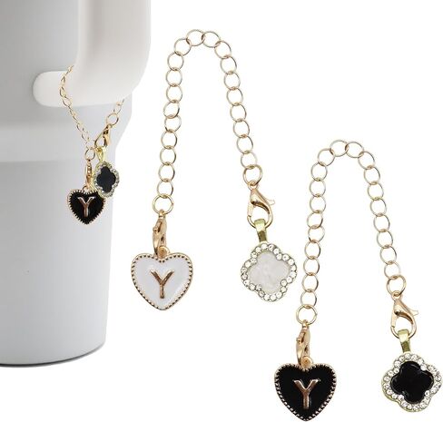 2Pcs Letter Charm Accessories for Stanley Cup,Name ID Initial Letter for Stanley 30&40 oz Tumbler with Handle,Heart Shape & Four Leaf Clover Initial Personalized Identification Charms Chain in Saudi Arabia