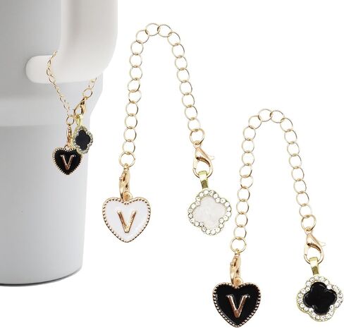 2Pcs Letter Charm Accessories for Stanley Cup,Name ID Initial Letter for Stanley 30&40 oz Tumbler with Handle,Heart Shape & Four Leaf Clover Initial Personalized Identification Charms Chain in Saudi Arabia