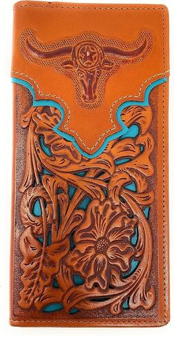 محفظة طويلة ثنائية الطي من الجلد الطبيعي مقطوعة بالليزر من Texas West Western للرجال (قهوة/بيج) in Kuwait