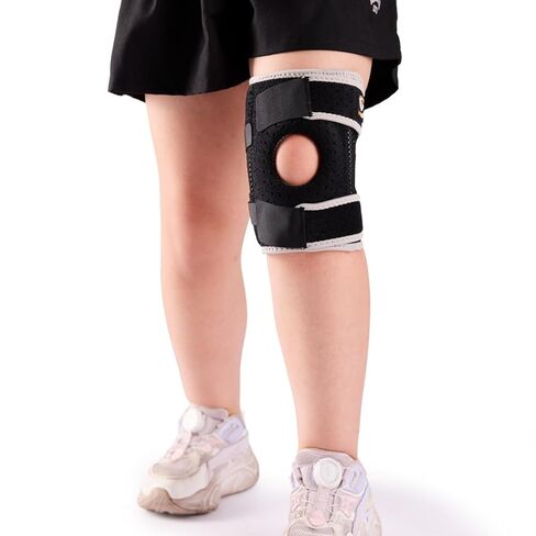 HUEGLO Kids Knee Brace Osgood Schlatter Youth لألم الركبة، دعم الركبة المضغوط القابل للتعديل مع مثبتات جانبية للرياضة، التهاب المفاصل، الرضفة، تمزق الغضروف المفصلي، ACL، دعامة الركبة الصغيرة جدًا للأولاد والبنات، أسود/رمادي in Kuwait