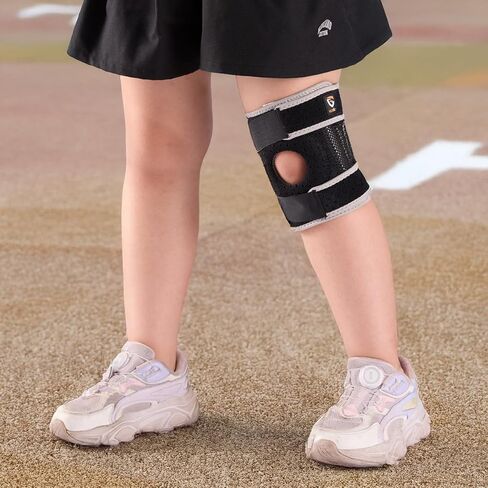 HUEGLO Kids Knee Brace Osgood Schlatter Youth لألم الركبة، دعم الركبة المضغوط القابل للتعديل مع مثبتات جانبية للرياضة، التهاب المفاصل، الرضفة، تمزق الغضروف المفصلي، ACL، دعامة الركبة الصغيرة جدًا للأولاد والبنات، أسود/رمادي in Kuwait