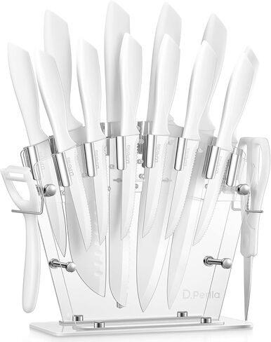 Knife Set, D.Perlla 16 Pieces White Kitchen Knife Set with Acrylic Stand, High Carbon Stainless Steel, Non Stick Coated Knife Block Set, No Rust, Non Slip Handle, Sharp Knife in Saudi Arabia
